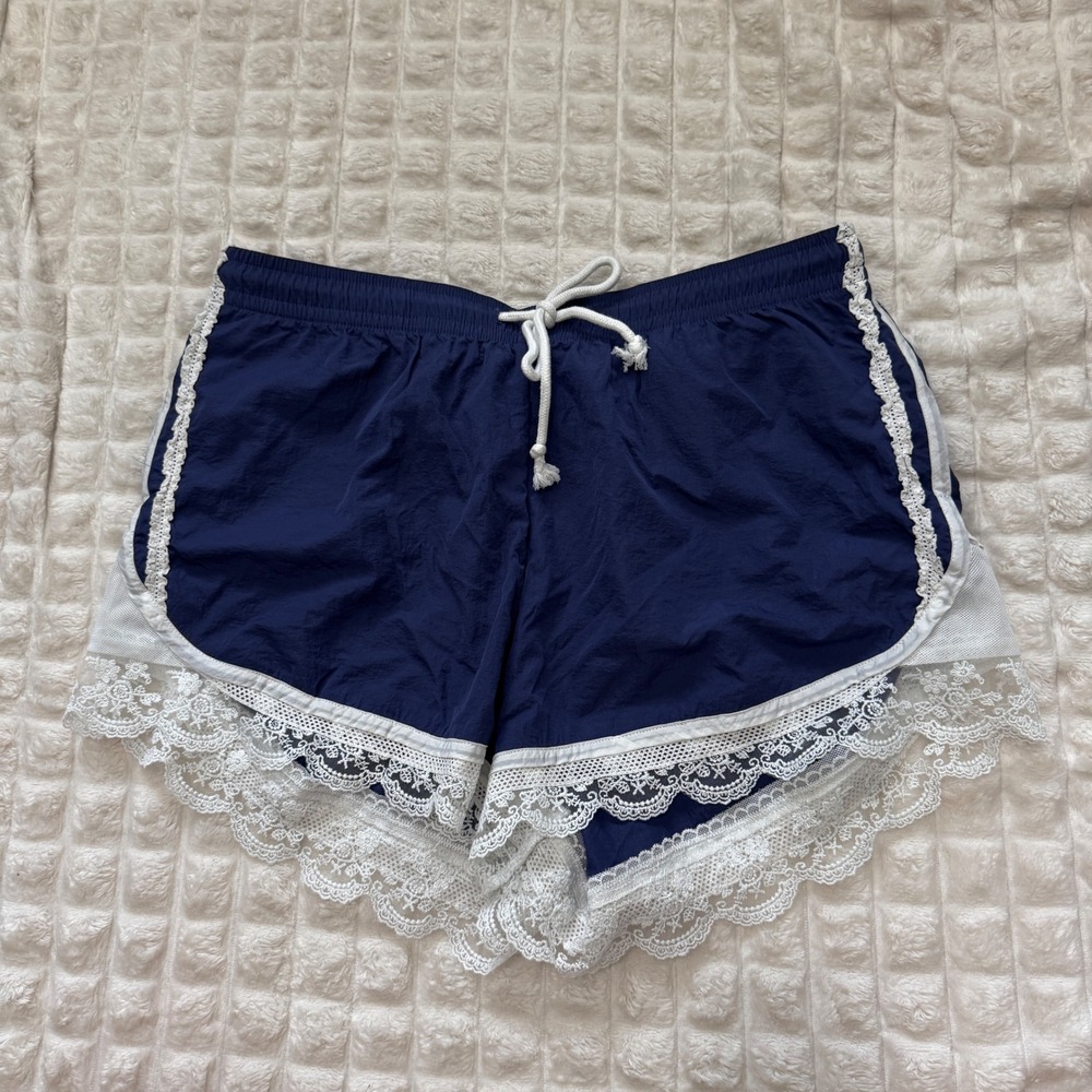 Daily Practice Medium Blue Lace Trim Drawstring Shorts Athleisure Coquette